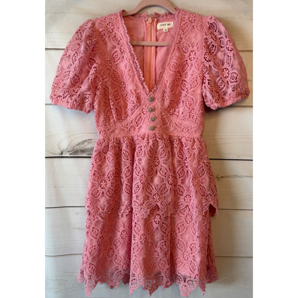 Just Me Pink Lace Tiered Mini Dress V-Neck Puff Sleeve Rhinestone JMD13632 S